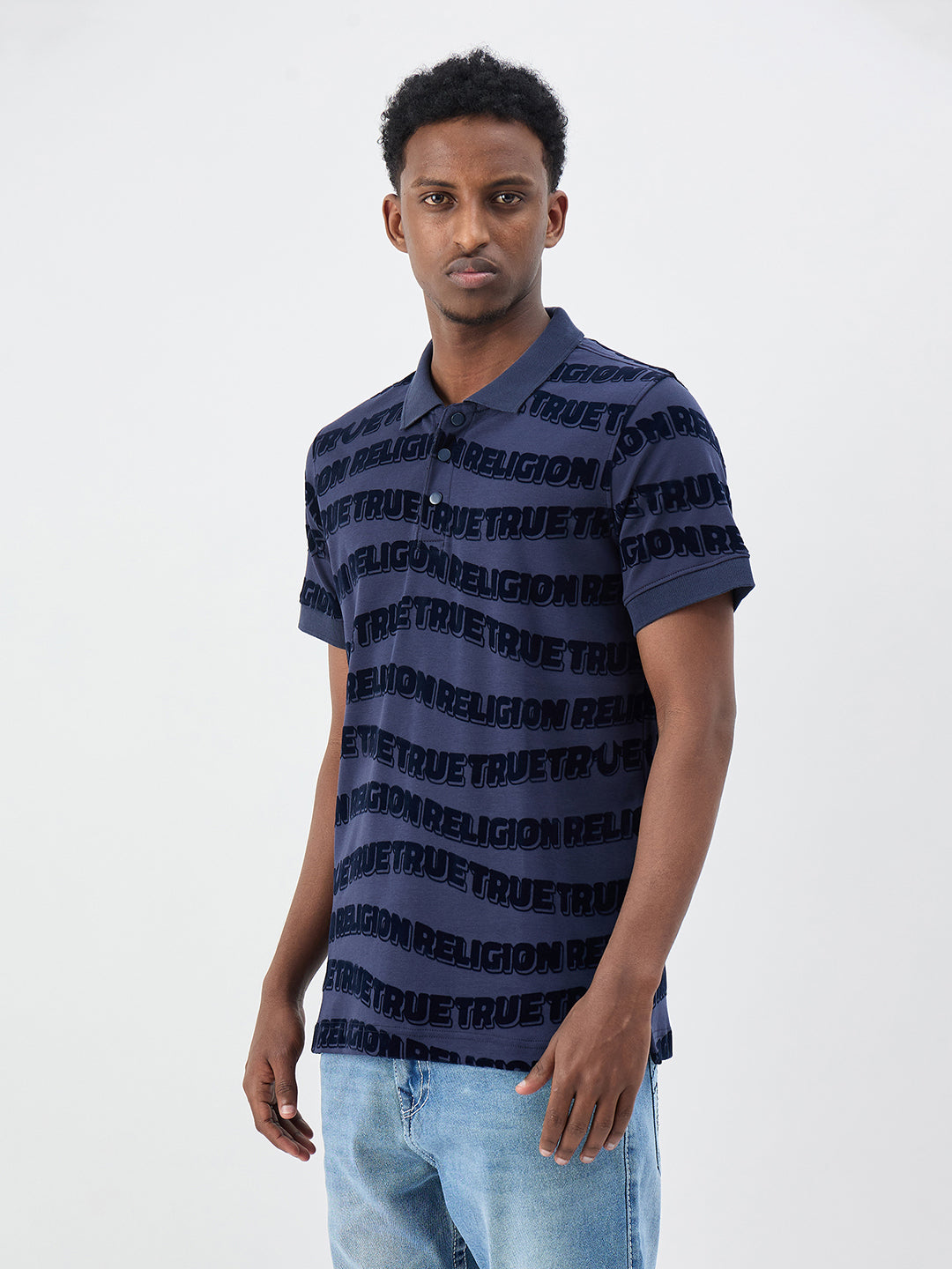 True Religion Men Printed Indigo Blue Polo T-Shirt