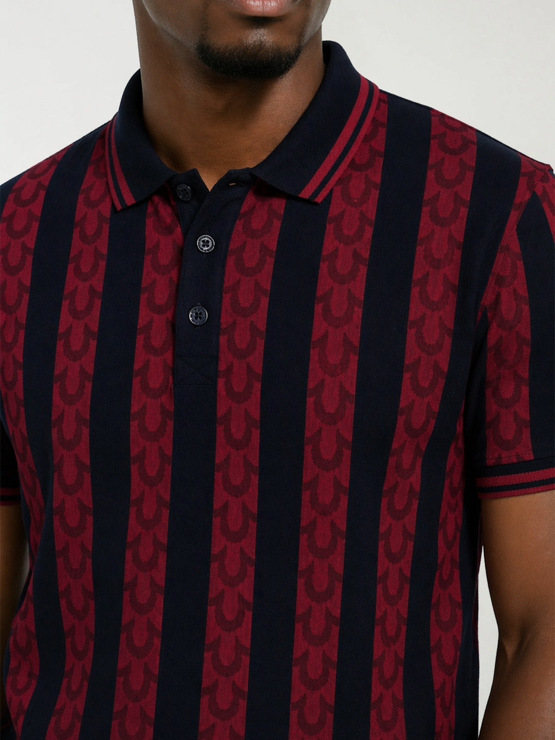 True Religion Red Cotton Striped Men Polo Tshirt