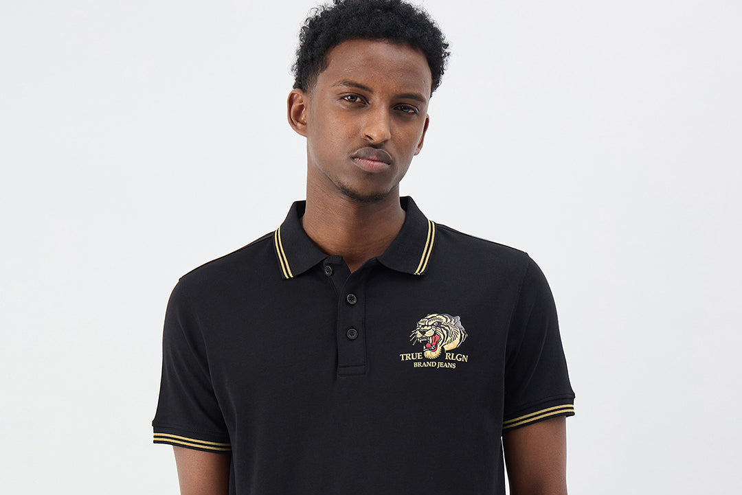 True Religion Men Black Solid Regular Fit Pure Cotton Polo T-Shirt