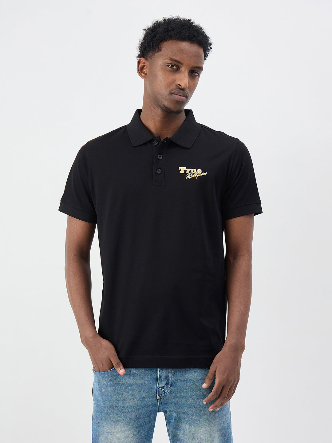 True Religion Men Solid Black Polo T-Shirt