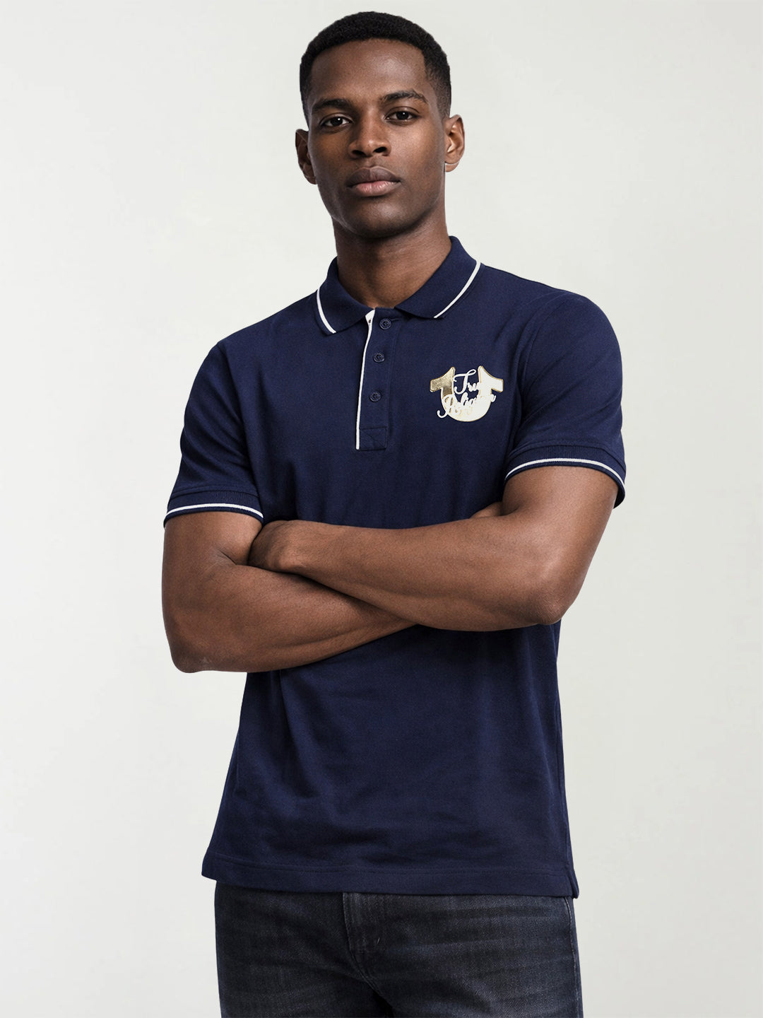 True Religion Men Navy Blue Solid Regular Fit Pure Cotton Polo T-Shirt