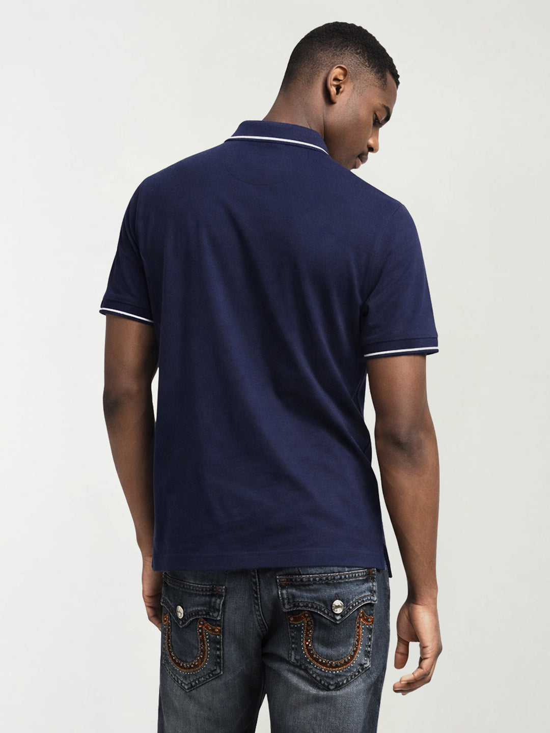 True Religion Men Navy Blue Solid Regular Fit Pure Cotton Polo T-Shirt