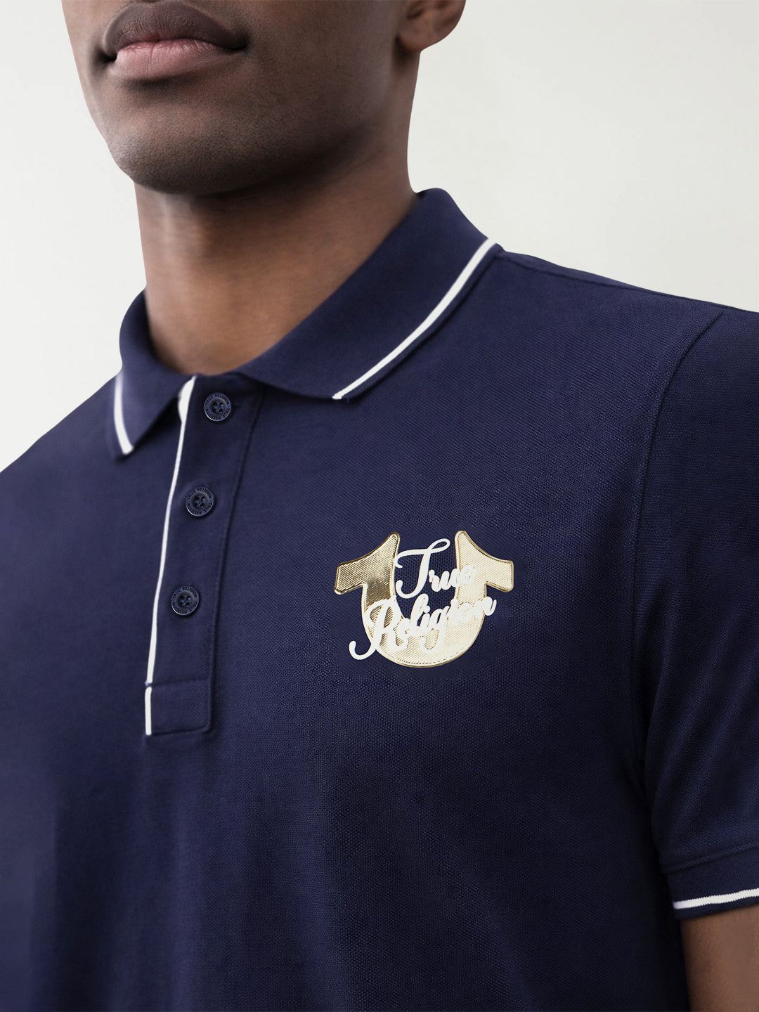 True Religion Men Navy Blue Solid Regular Fit Pure Cotton Polo T-Shirt