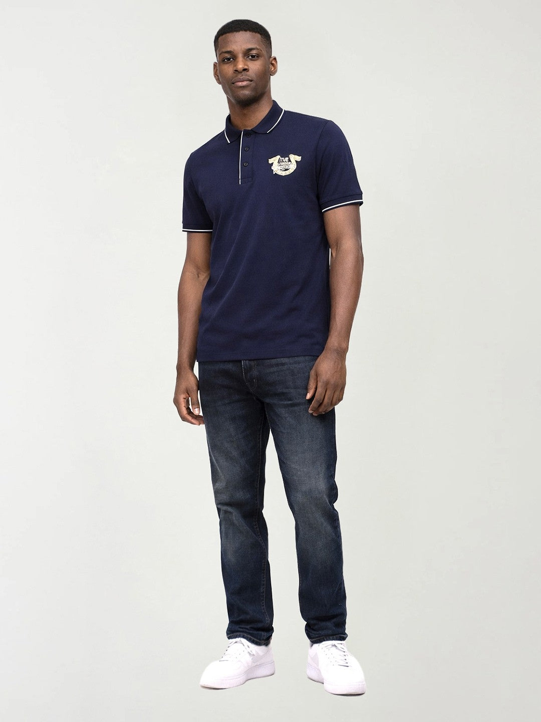 True Religion Men Navy Blue Solid Regular Fit Pure Cotton Polo T-Shirt