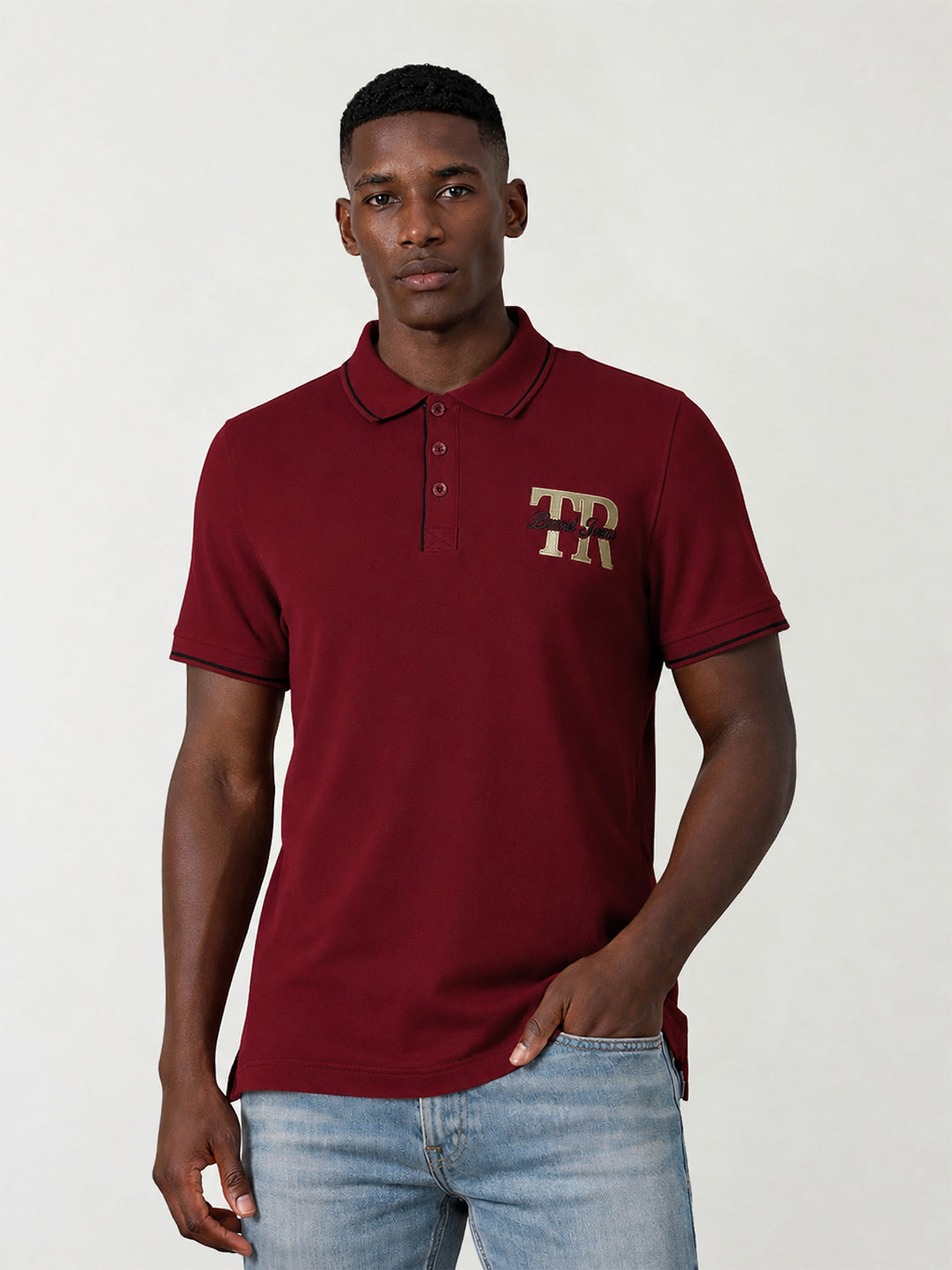 True Religion Men Maroon Solid Regular Fit Pure Cotton Polo T-Shirt