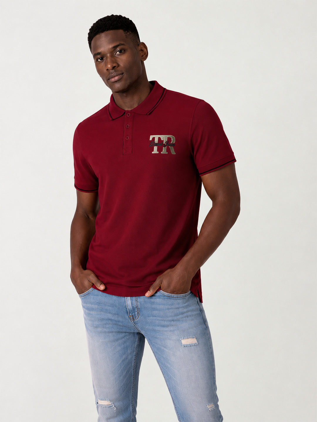 True Religion Men Maroon Solid Regular Fit Pure Cotton Polo T-Shirt