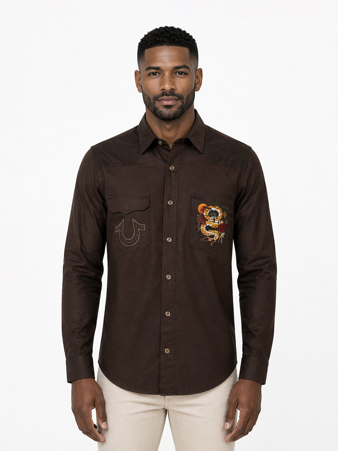 True Religion Brown Cotton Solid Men Shirt