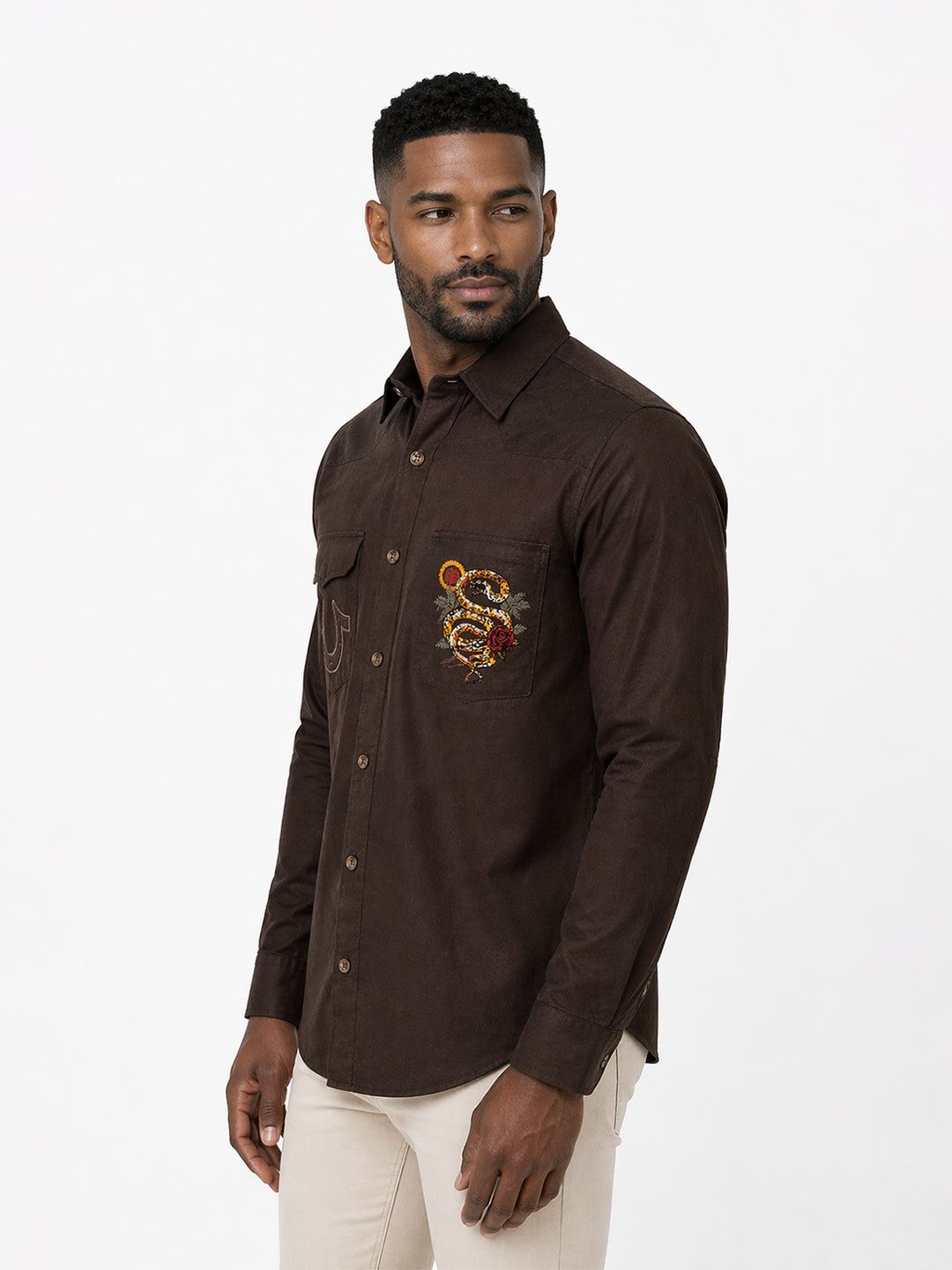 True Religion Brown Cotton Solid Men Shirt