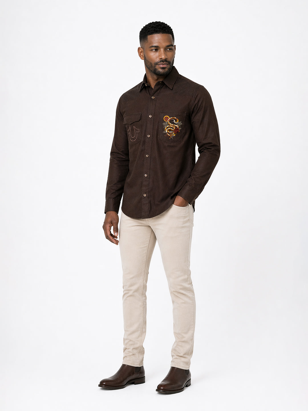 True Religion Brown Cotton Solid Men Shirt