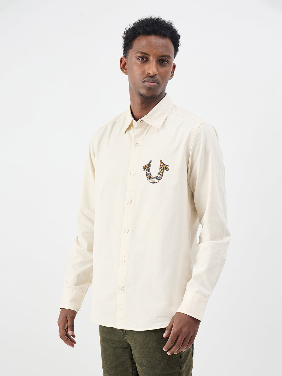 True Religion Men Printed Cream Shirt