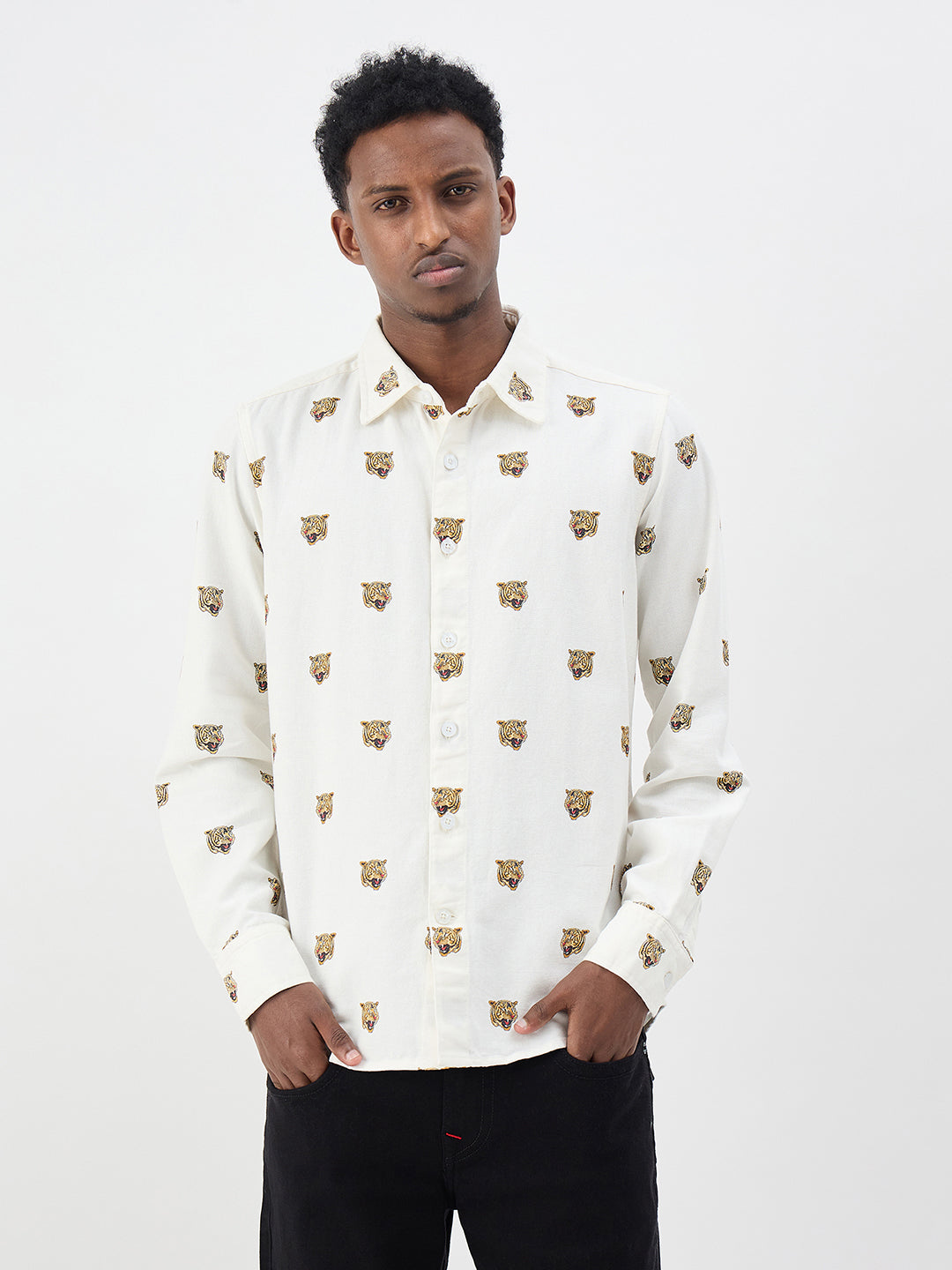 True Religion Men Printed Cream Shirt