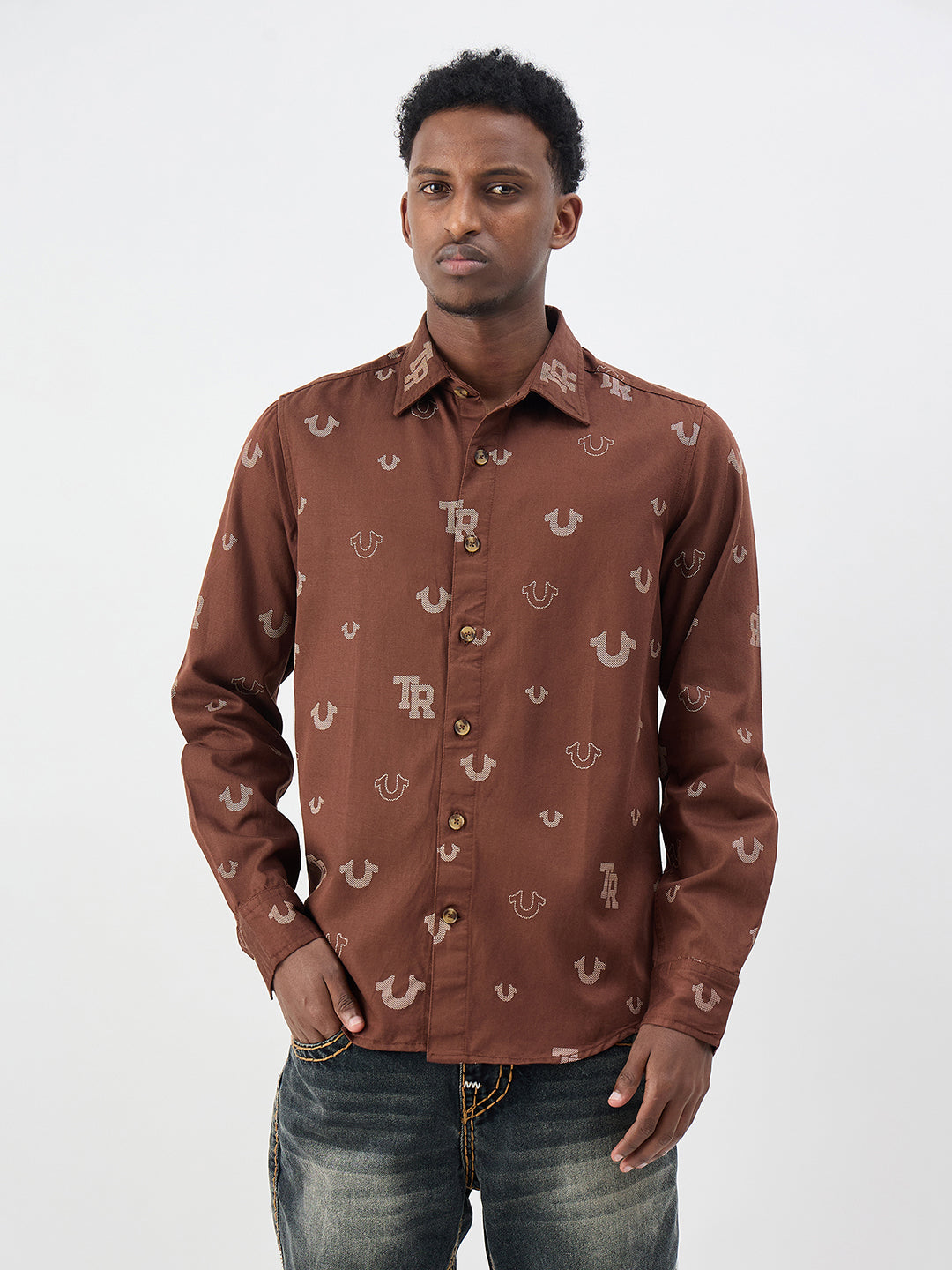 True Religion Men Printed Brown Shirt