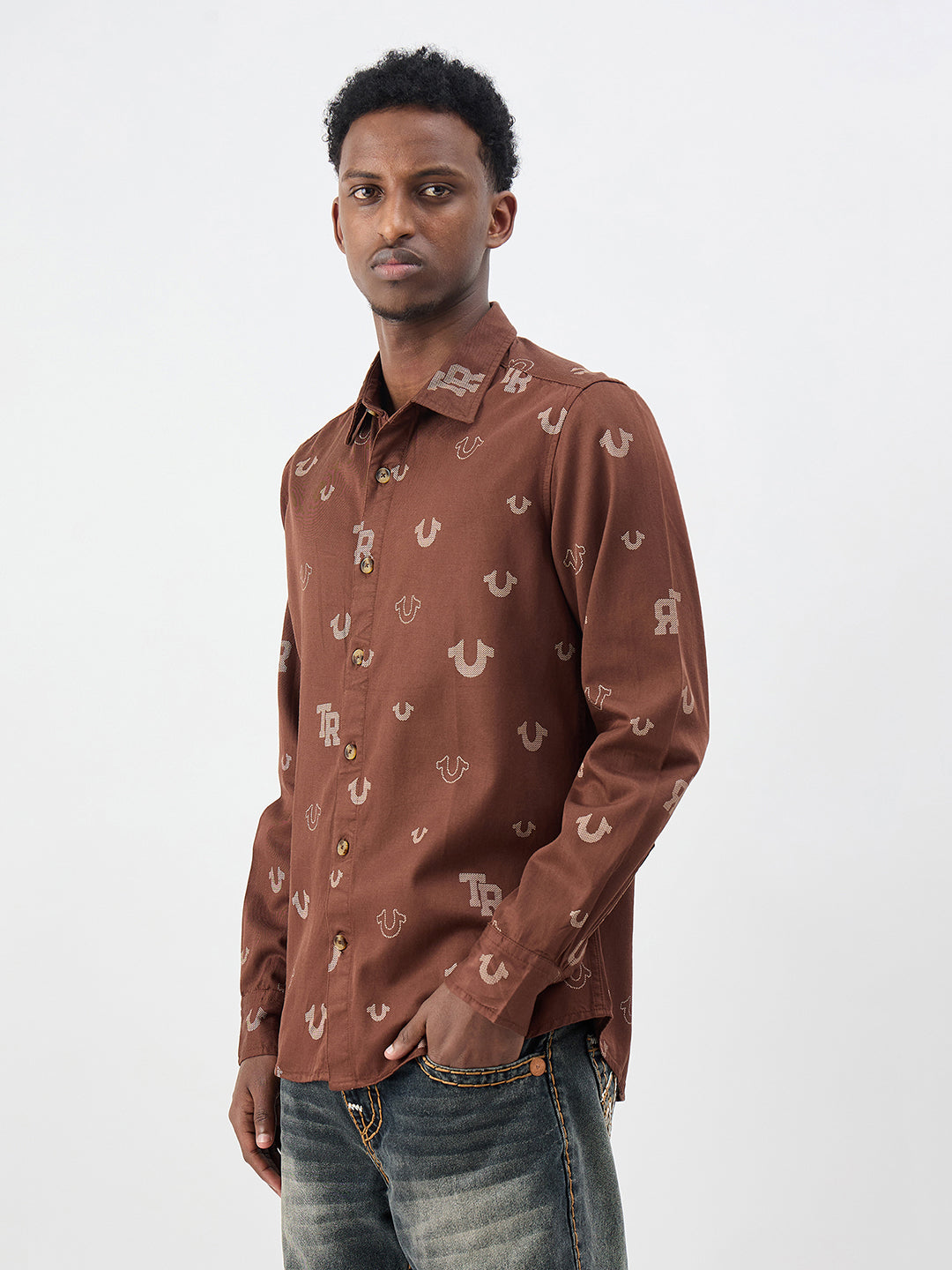 True Religion Men Printed Brown Shirt