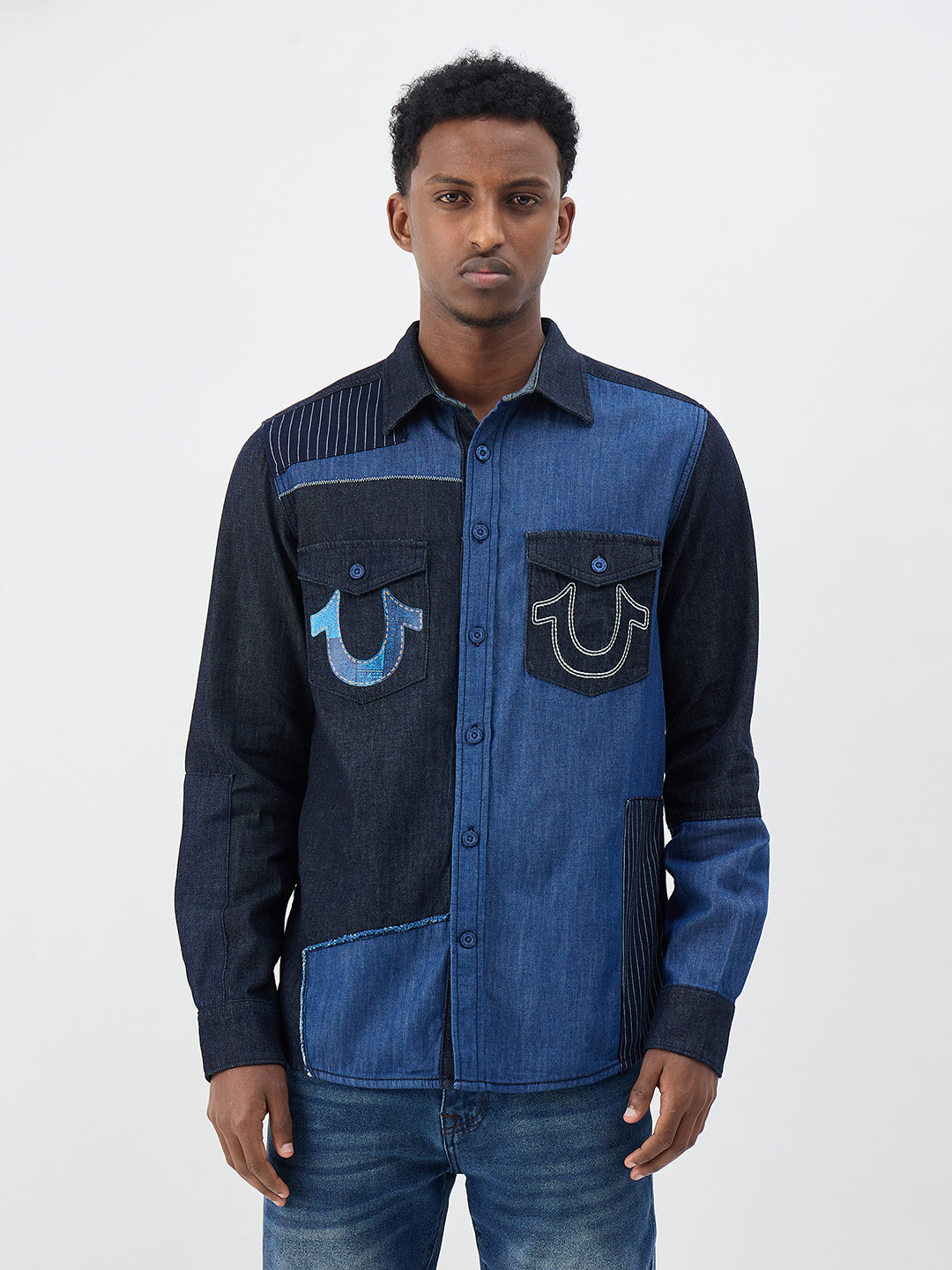 True Religion Men Colourblocked Blue Shirt