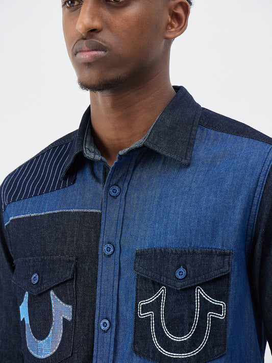True Religion Men Colourblocked Blue Shirt