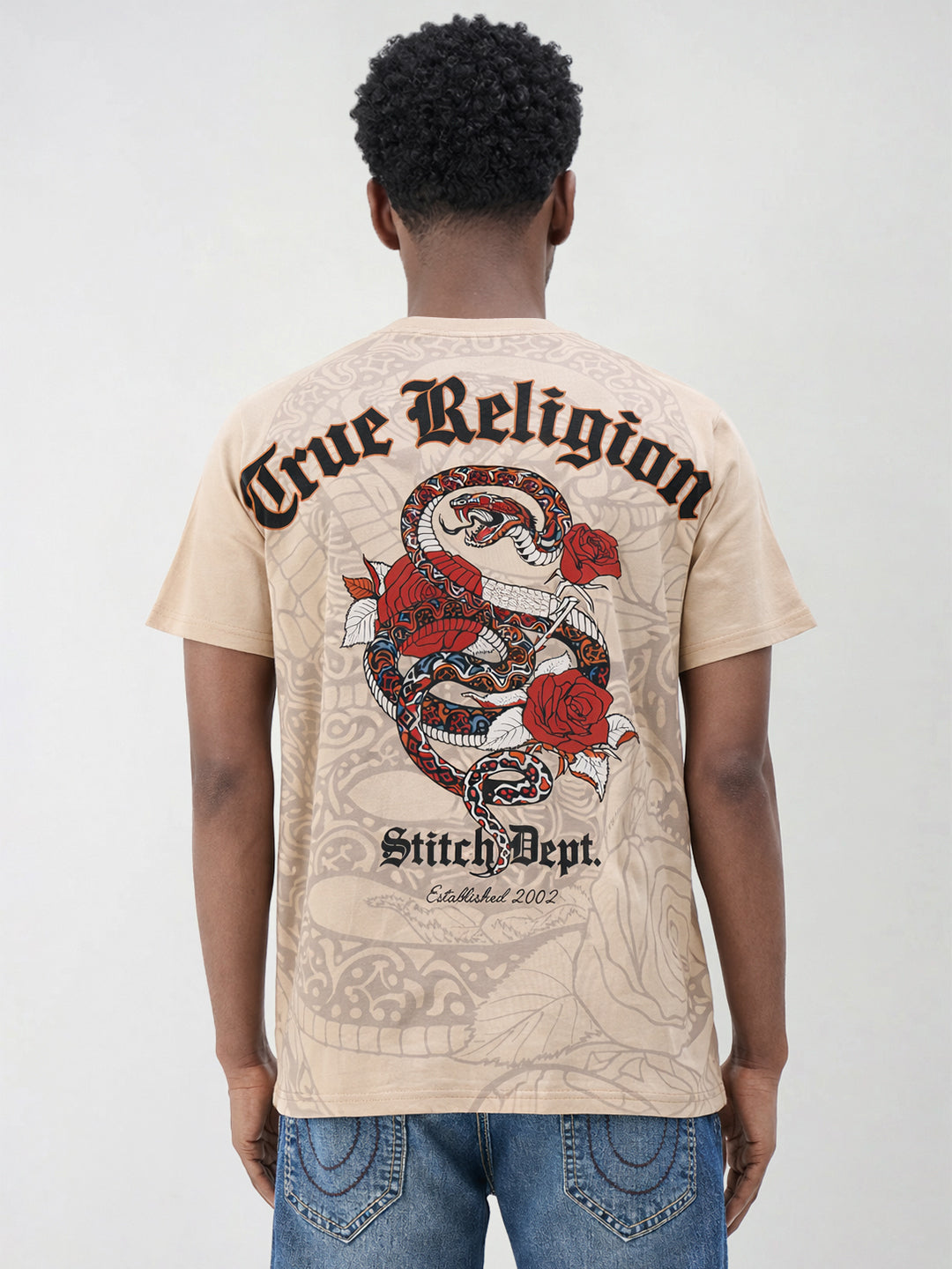 True Religion Men Beige Printed Cotton T-Shirt