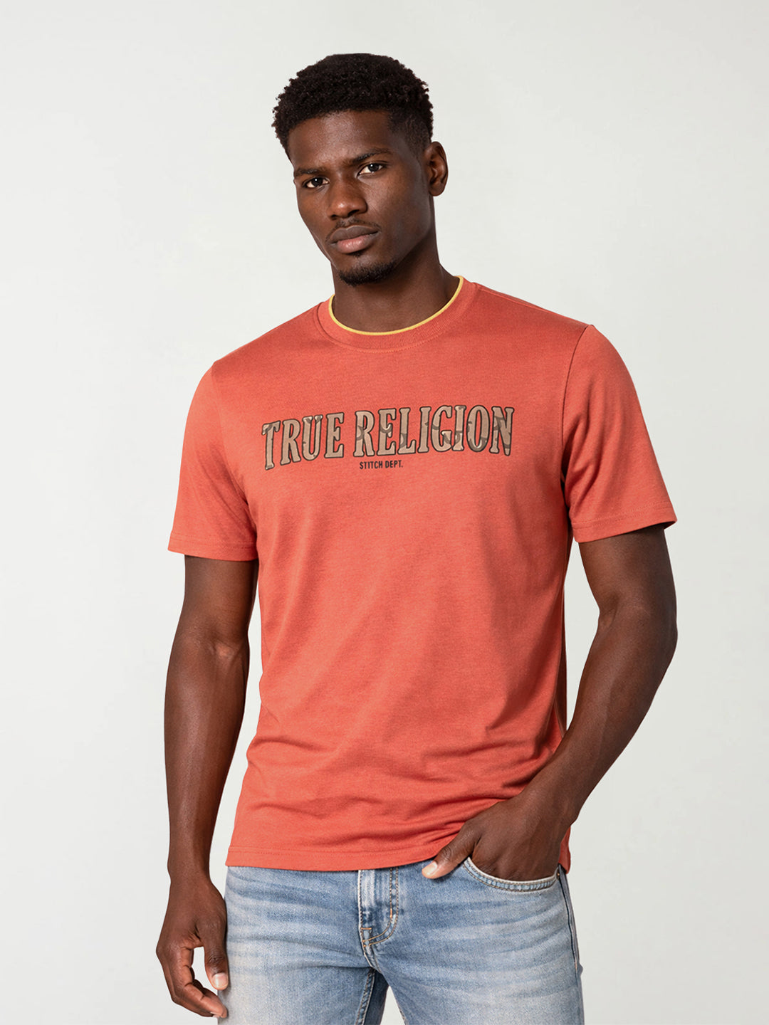 True Religion Men Orange Logo Print Regular Fit T-Shirt