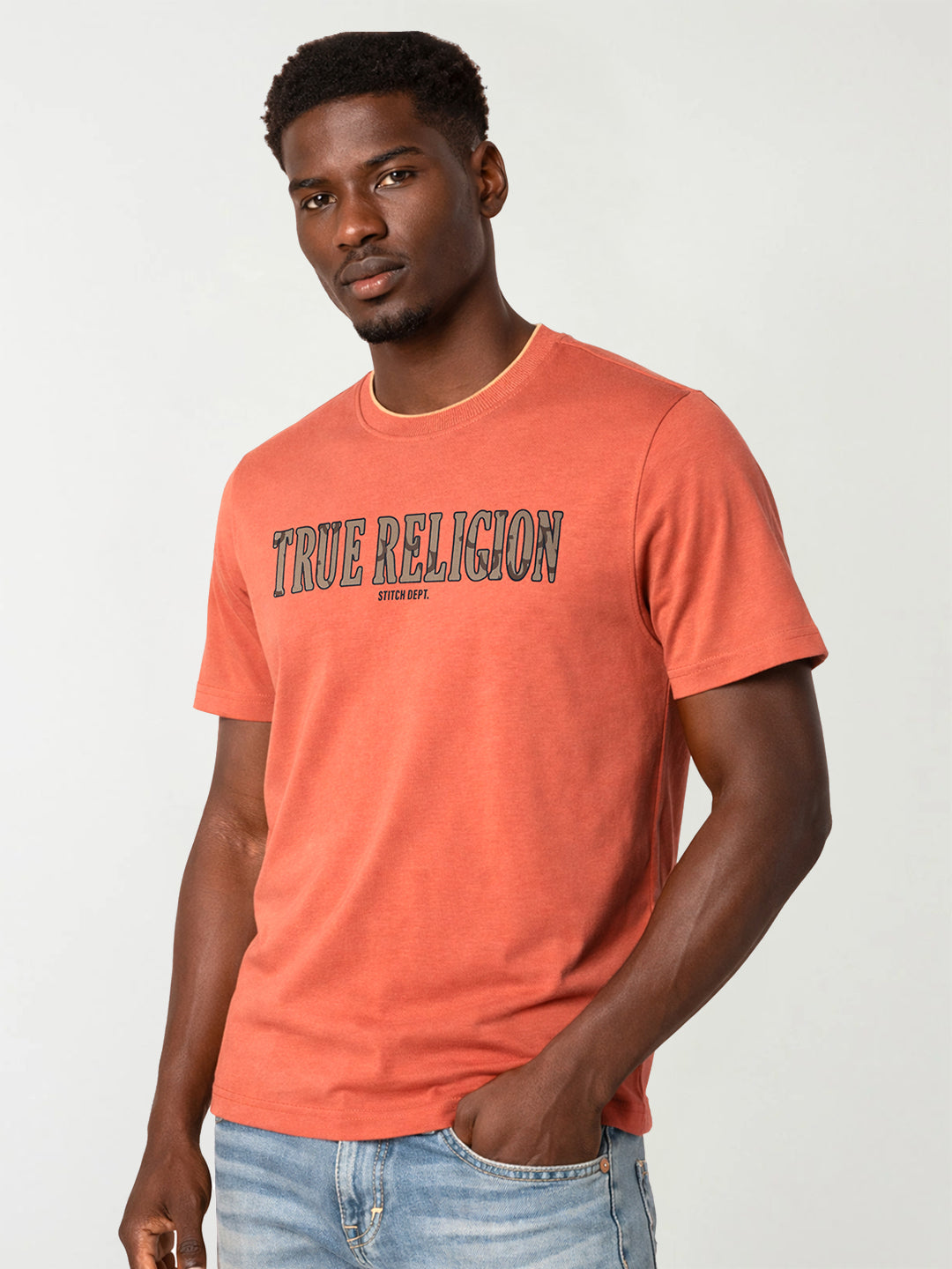 True Religion Men Orange Logo Print Regular Fit T-Shirt