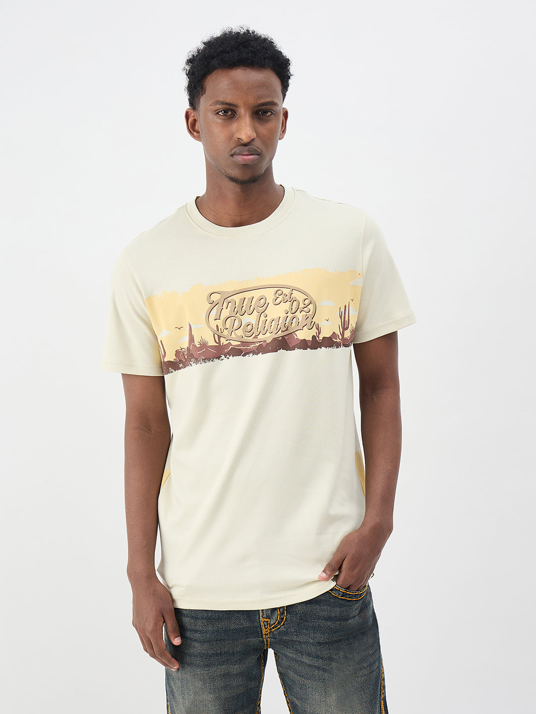 True Religion Men Printed Beige T-Shirt