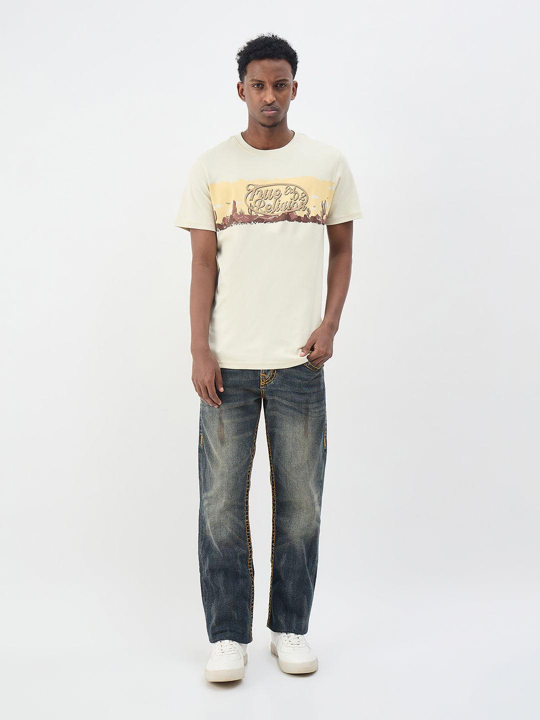 True Religion Men Printed Beige T-Shirt