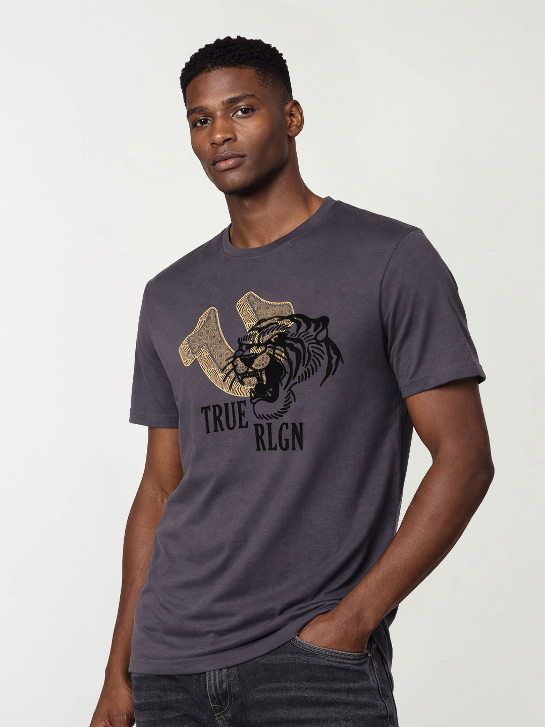 True Religion Men Grey Printed Regular Fit T-Shirt
