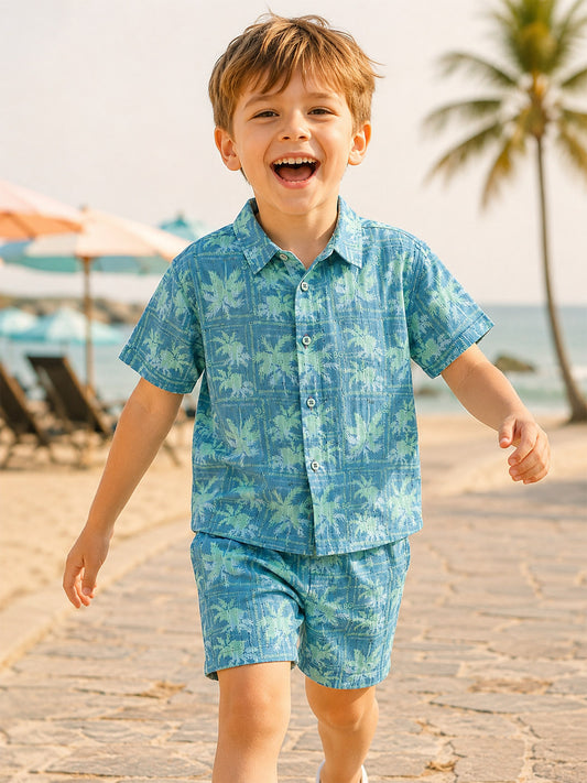 Blue Giraffe Boys Teal Green Floral Shirt