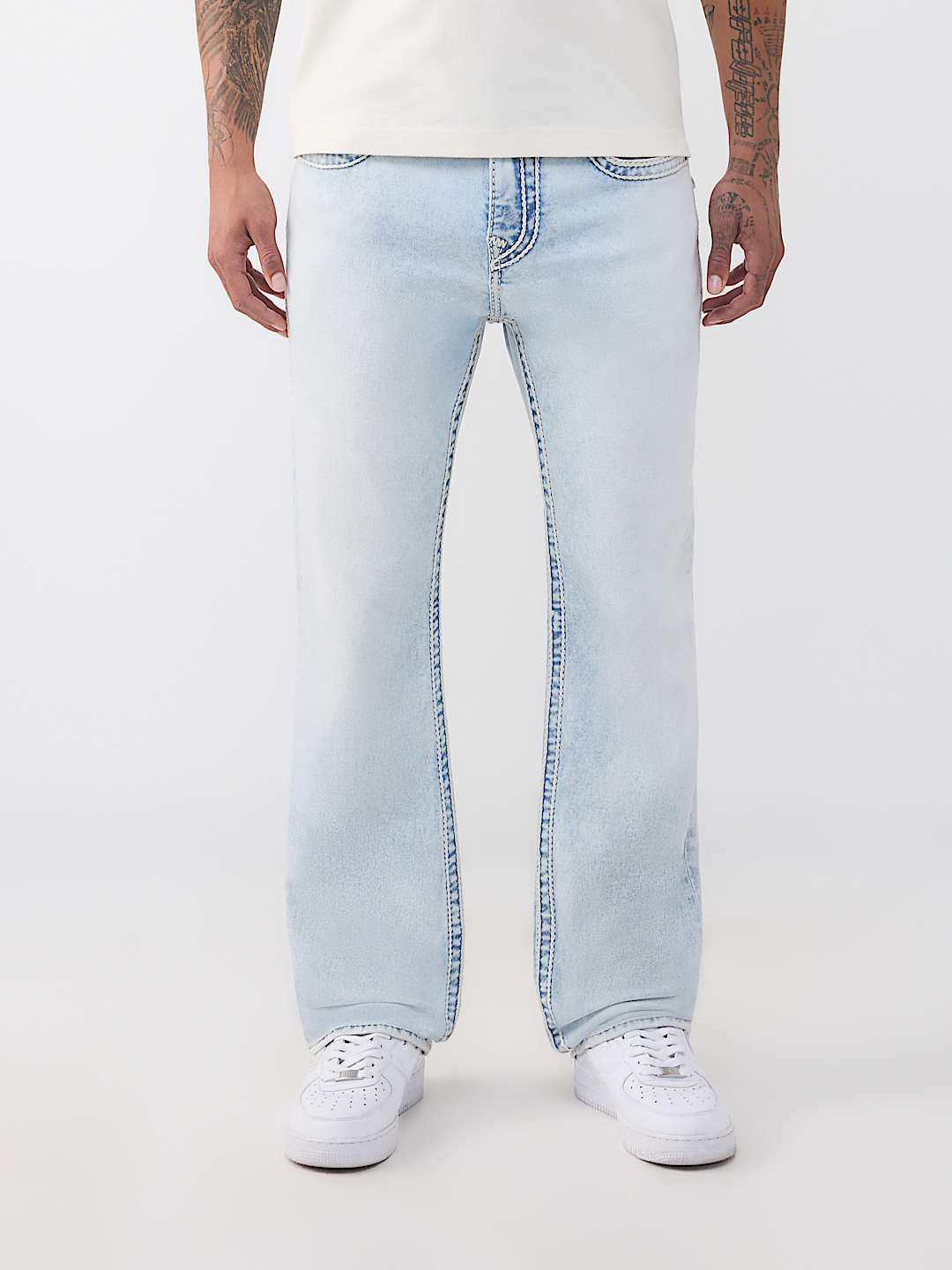 True Religion Men Blue Solid Ricky Ropestitch Straight Fit Jeans