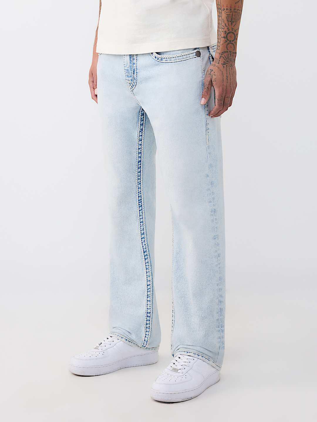 True Religion Men Blue Solid Ricky Ropestitch Straight Fit Jeans