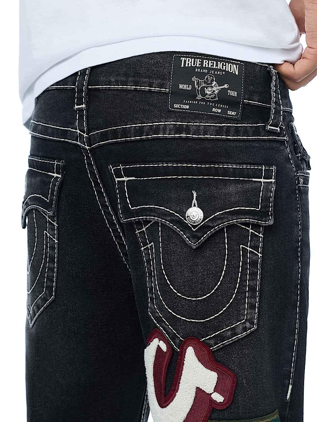 True Religion Men Black Embroidered Ricky BIG T Straight Fit Jeans