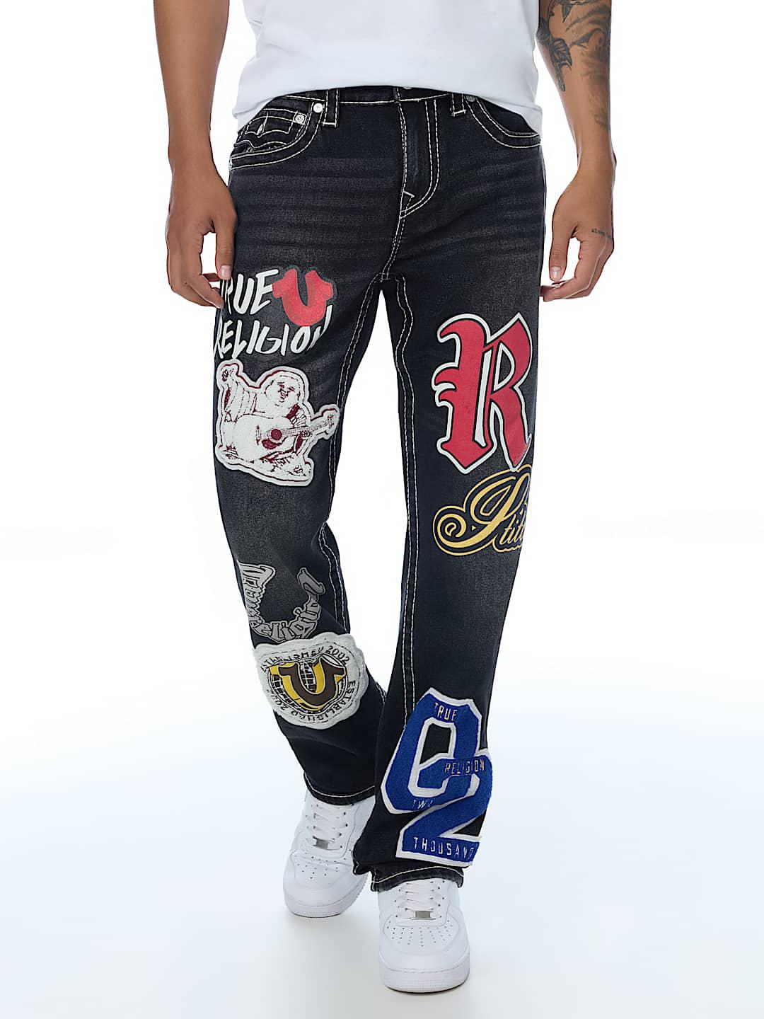 True Religion Men Black Embroidered Ricky BIG T Straight Fit Jeans
