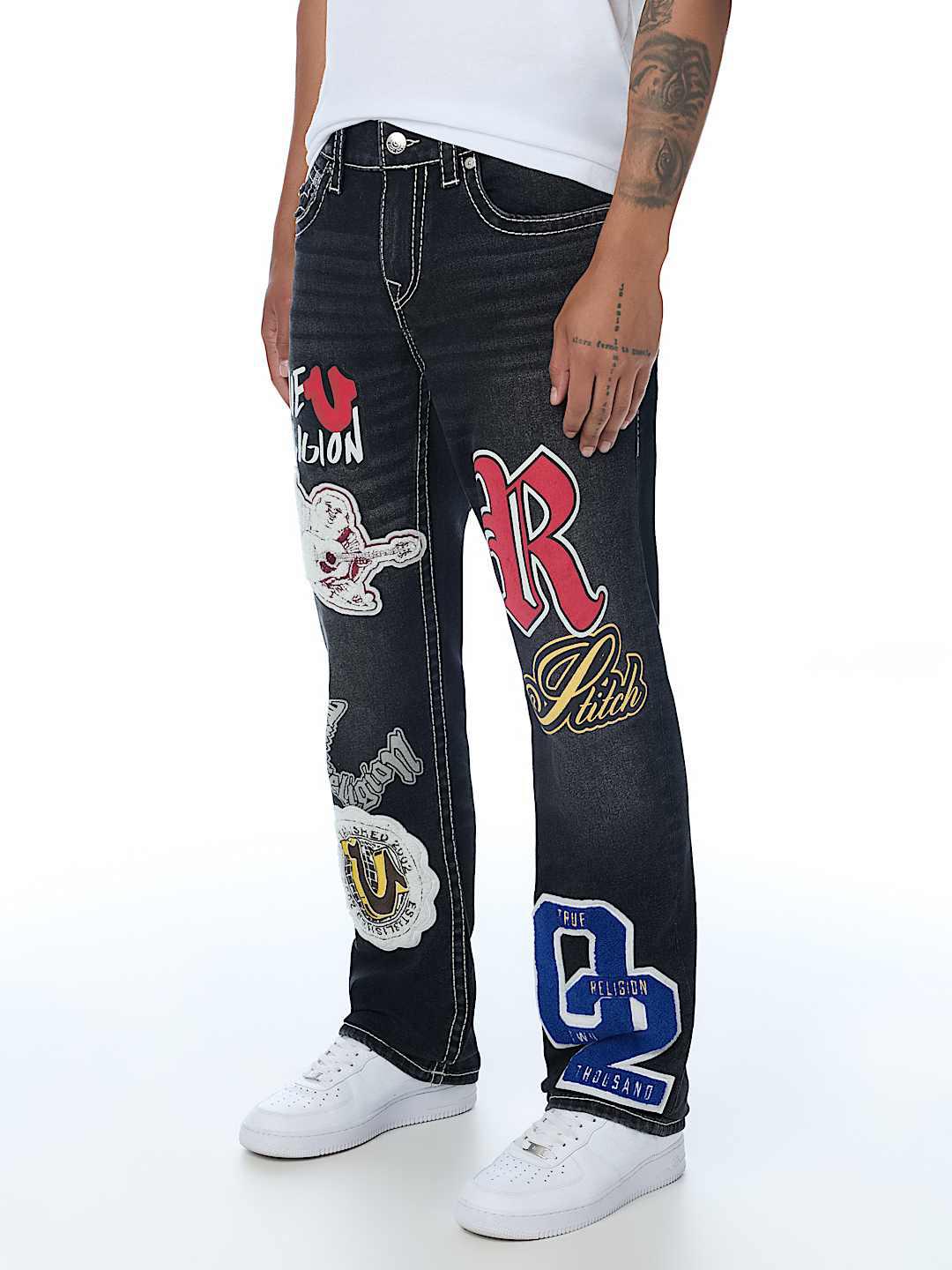 True Religion Men Black Embroidered Ricky BIG T Straight Fit Jeans