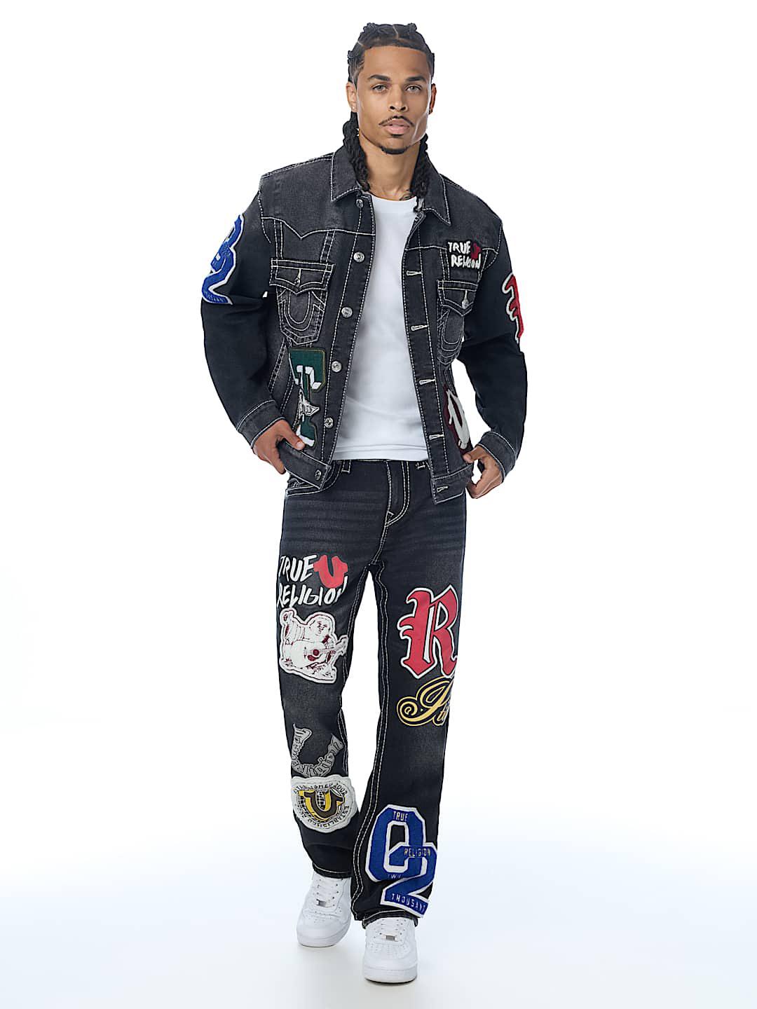 True Religion Men Black Embroidered Ricky BIG T Straight Fit Jeans