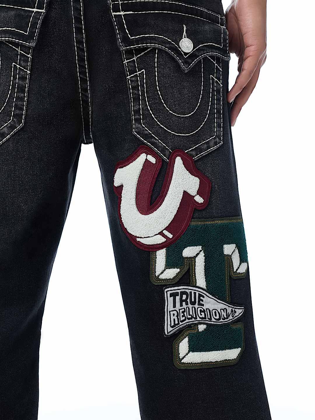True Religion Men Black Embroidered Ricky BIG T Straight Fit Jeans