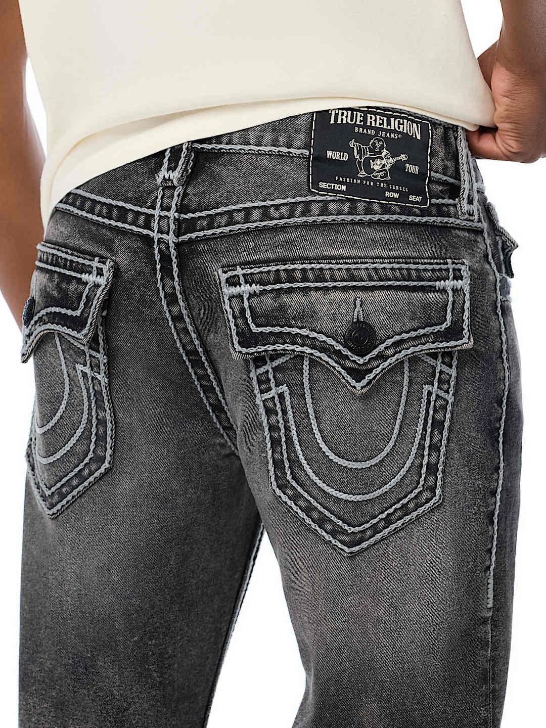 True Religion Men Grey Solid Ricky Ropestitch Straight Fit Jeans
