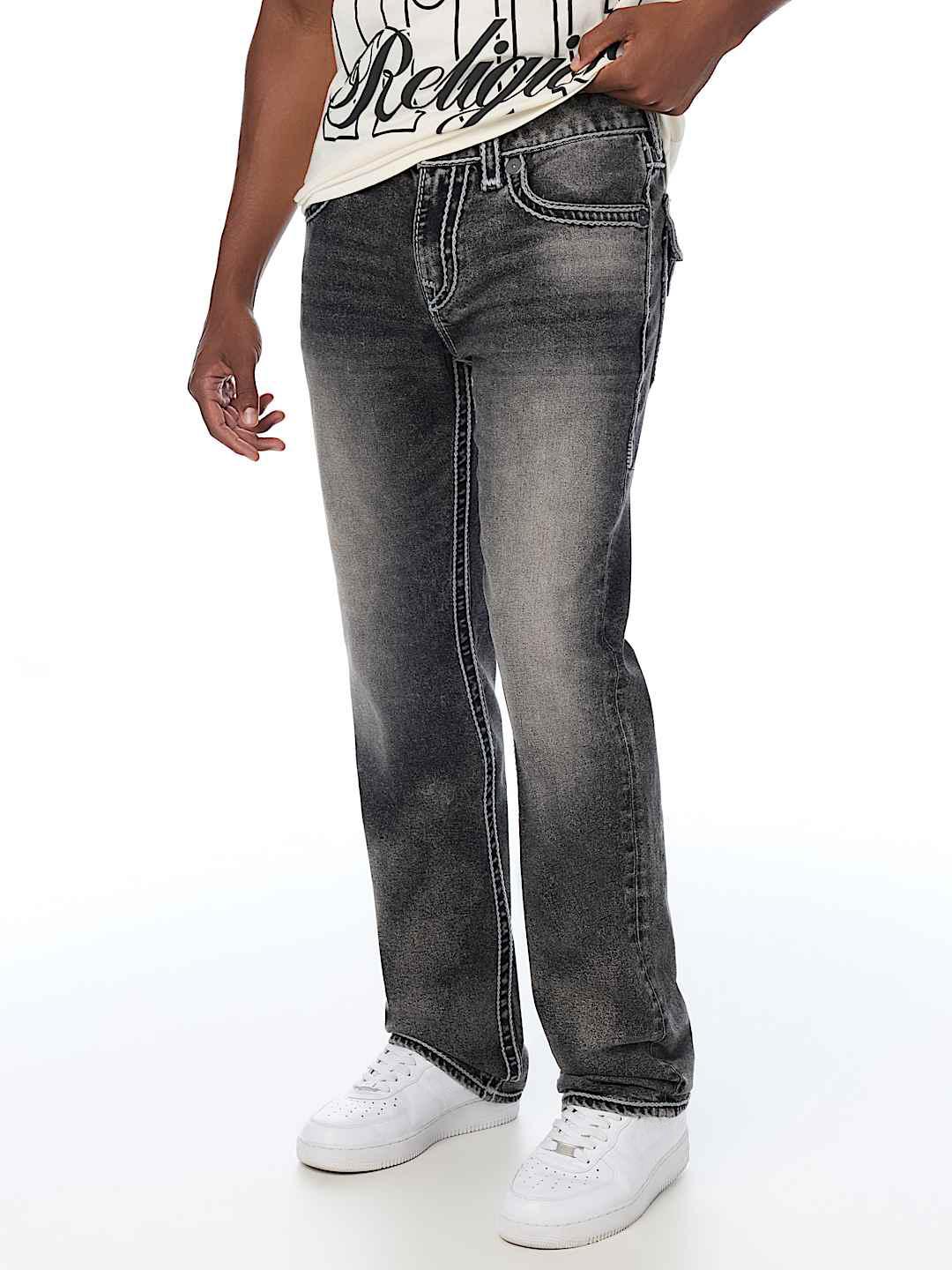 True Religion Men Grey Solid Ricky Ropestitch Straight Fit Jeans