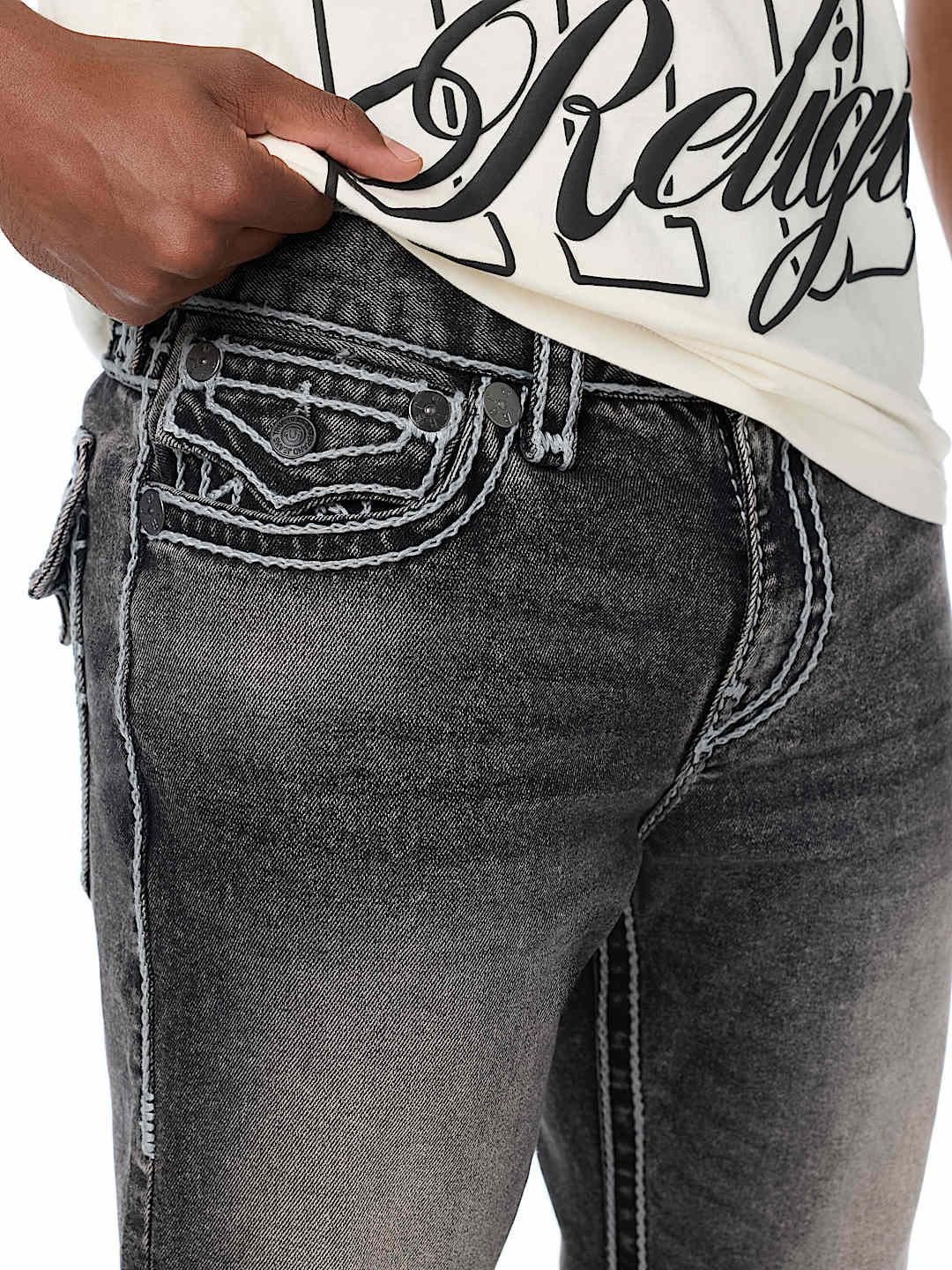 True Religion Men Grey Solid Ricky Ropestitch Straight Fit Jeans