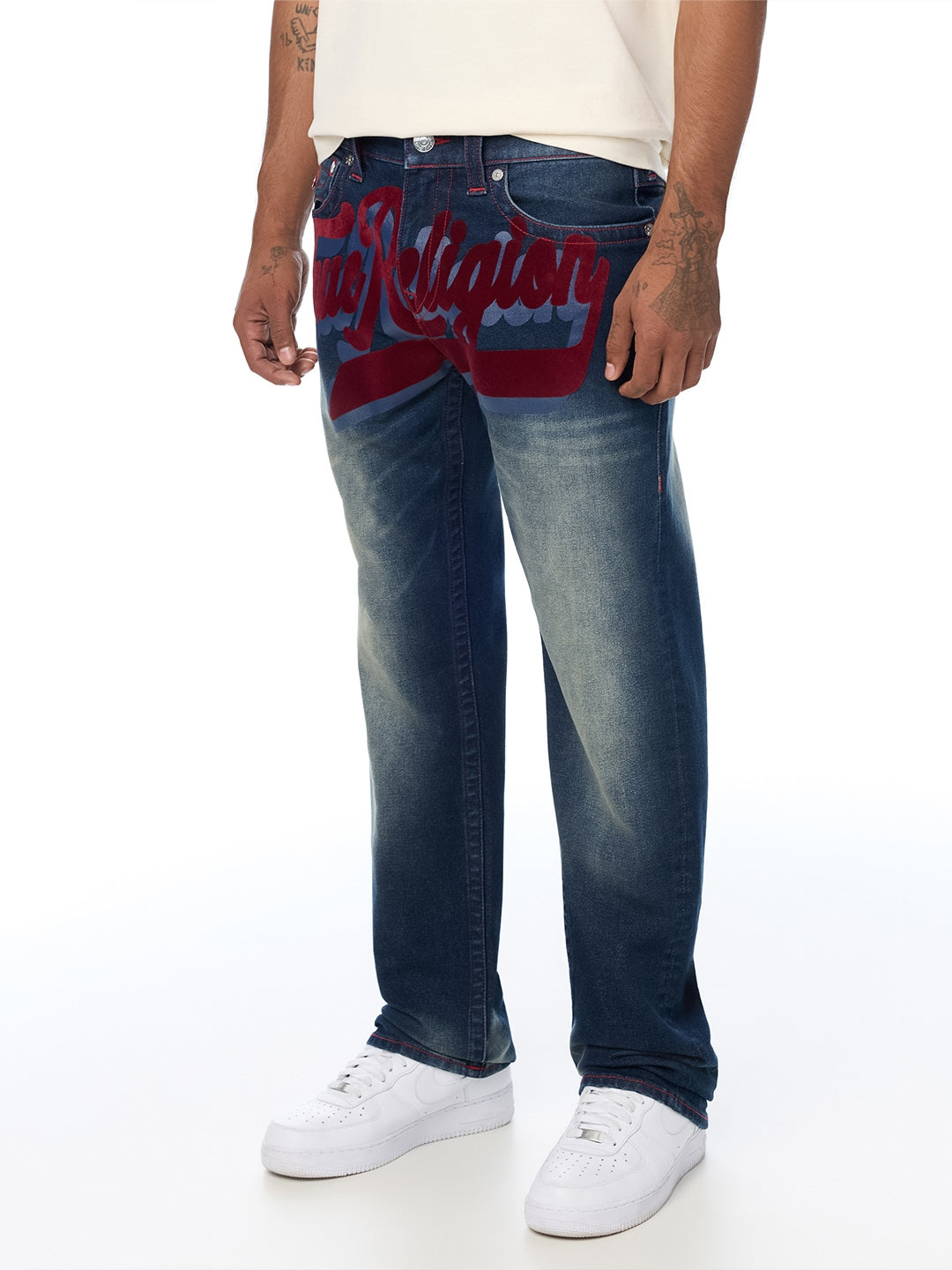 True Religion Men Navy Blue Ricky SN Graphic Straight Fit Jeans