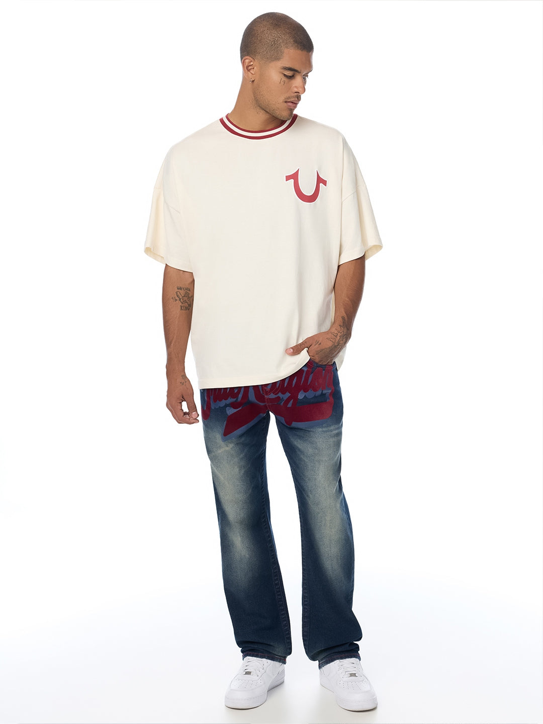 True Religion Men Navy Blue Ricky SN Graphic Straight Fit Jeans