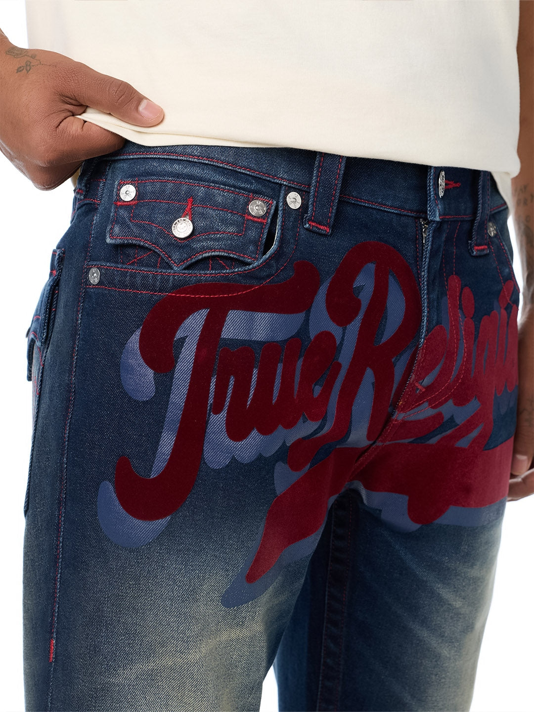 True Religion Men Navy Blue Ricky SN Graphic Straight Fit Jeans