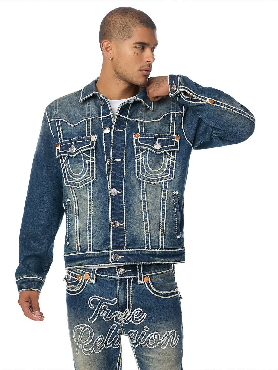 True Religion Men Blue Oversized Ropestitch Denim Jacket
