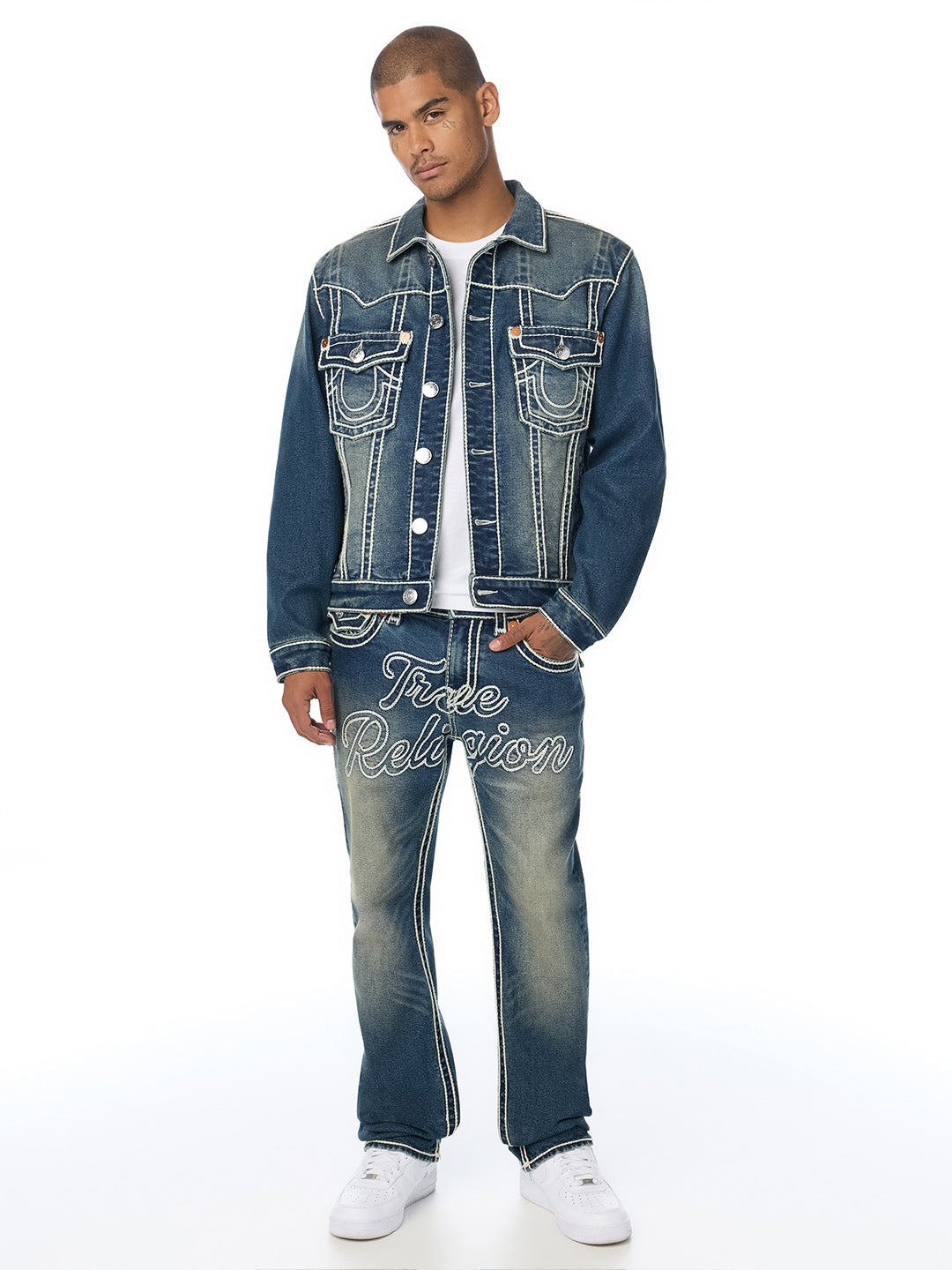 True Religion Men Blue Oversized Ropestitch Denim Jacket
