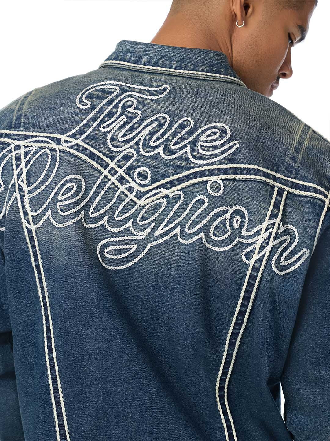 True Religion Men Blue Oversized Ropestitch Denim Jacket