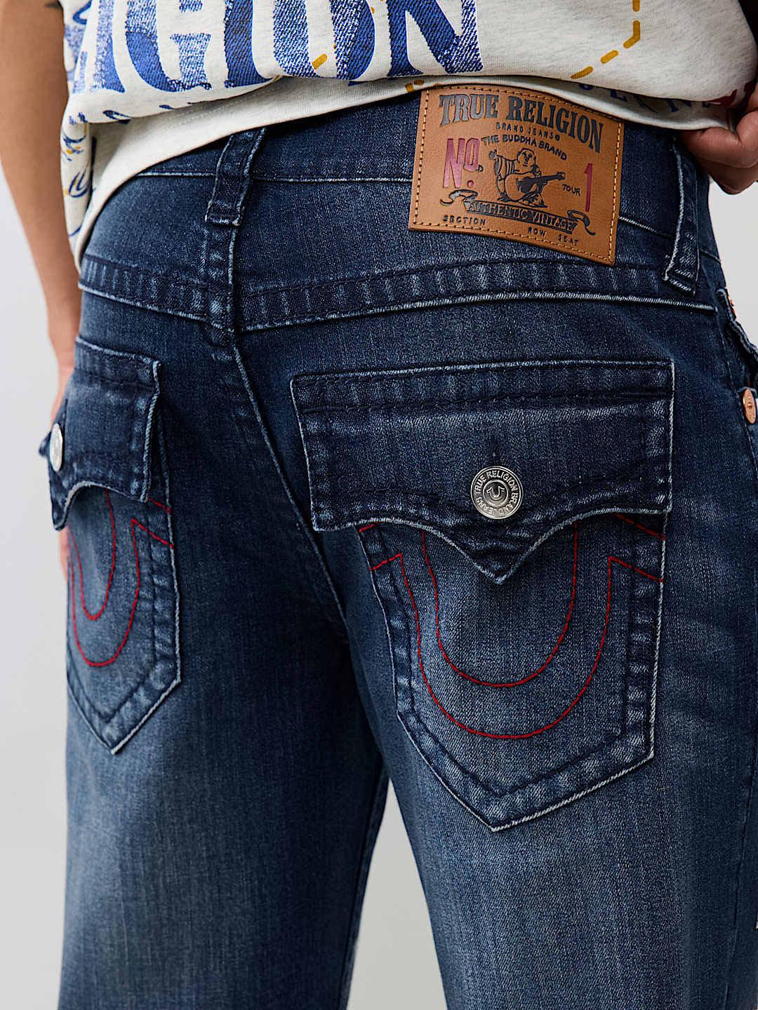 True Religion Men Blue Embroidered Ricky BIG T Straight Fit Jeans