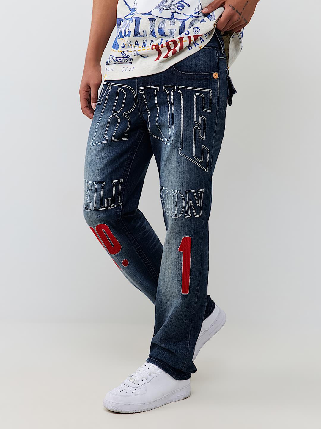 True Religion Men Blue Embroidered Ricky BIG T Straight Fit Jeans