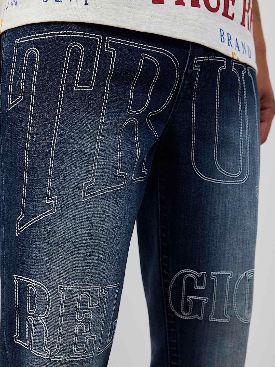 True Religion Men Blue Embroidered Ricky BIG T Straight Fit Jeans