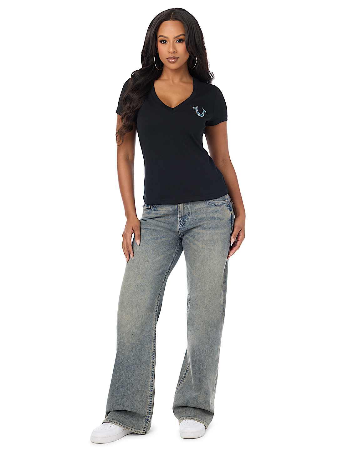 True Religion Women Black Embellished Regular Fit T-Shirt
