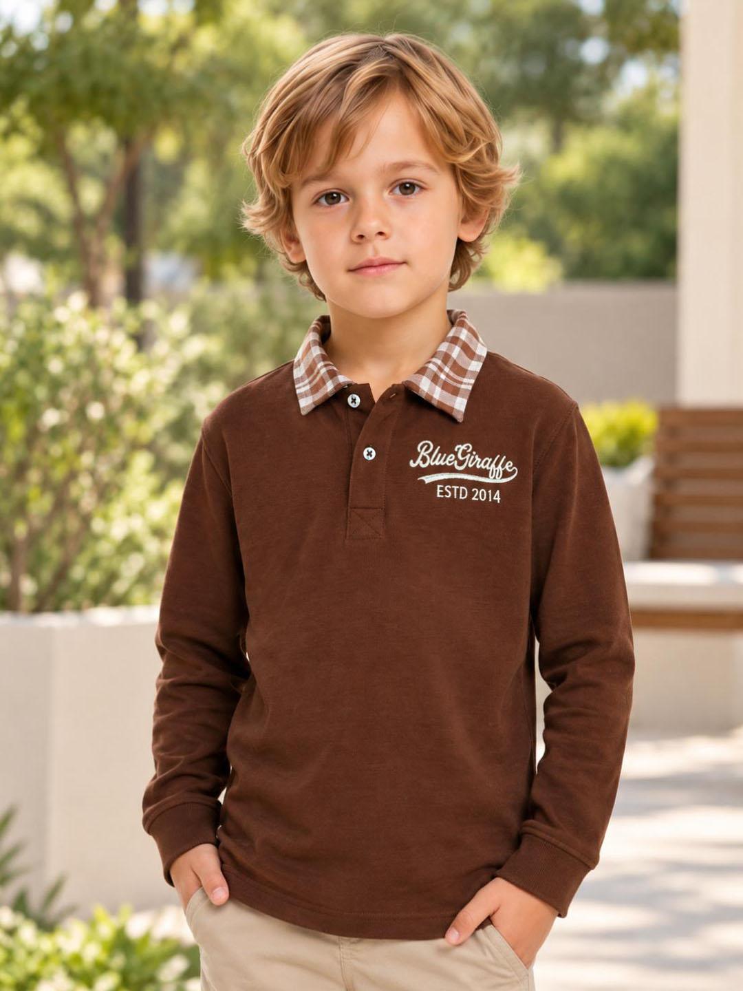 Blue Giraffe Boys Brown Solid Regular Fit Polo T-Shirt