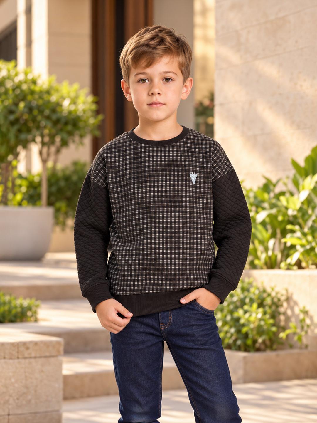 Blue Giraffe Boys Dark Brown Checked Regular Fit Sweatshirt