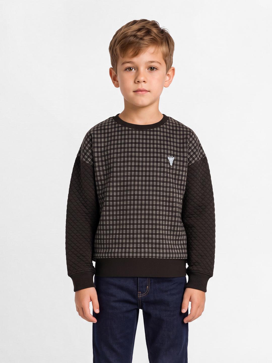 Blue Giraffe Boys Dark Brown Checked Regular Fit Sweatshirt