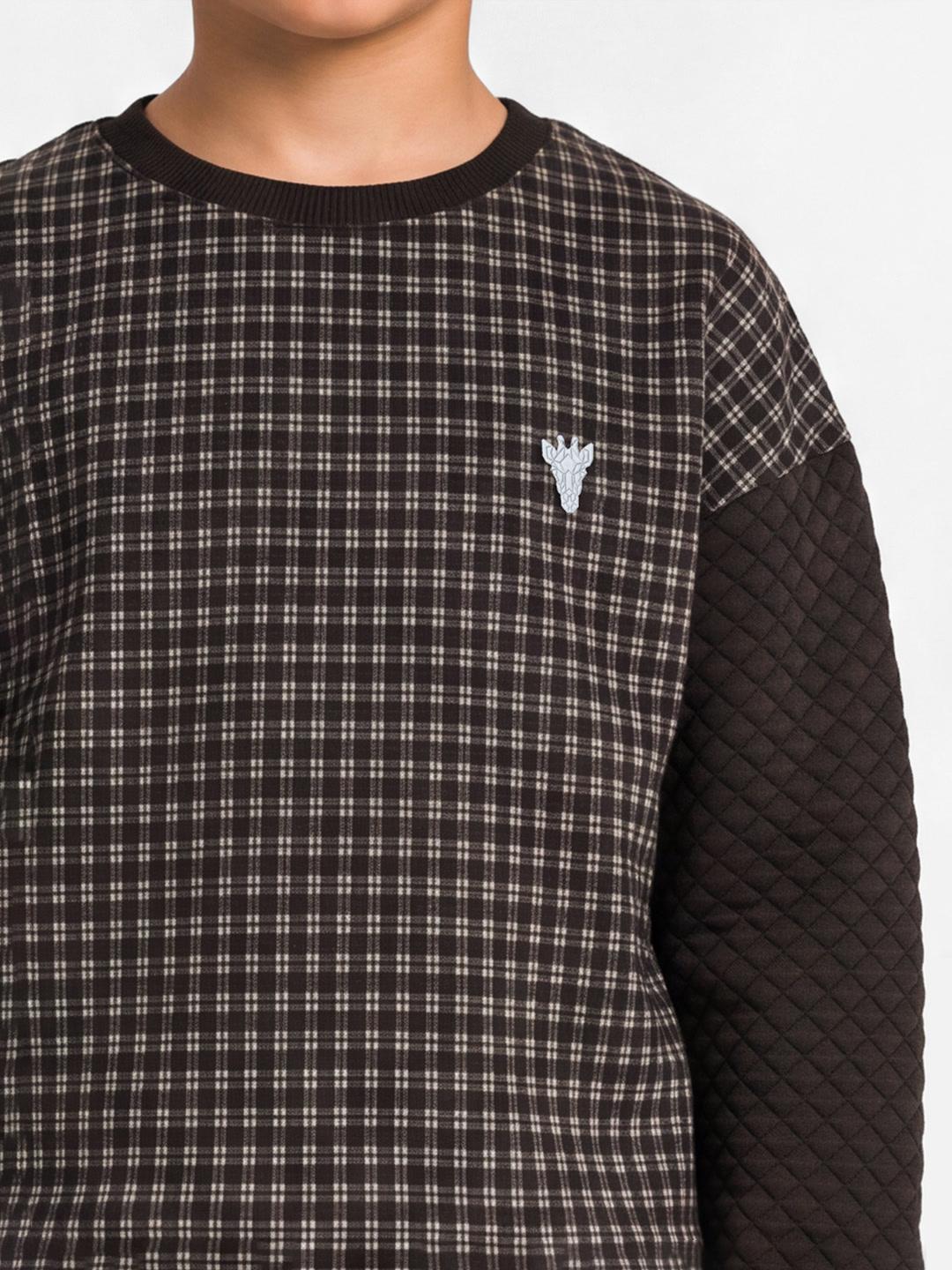Blue Giraffe Boys Dark Brown Checked Regular Fit Sweatshirt